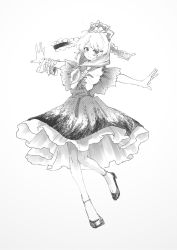 Rule 34 | 1girl, arm ribbon, commentary request, dress, frilled ribbon, frills, front ponytail, full body, greyscale, hair ribbon, highres, kagiyama hina, long hair, looking at viewer, monochrome, muha kakka, outstretched arms, ribbon, shoes, short sleeves, simple background, smile, solo, spread arms, standing, standing on one leg, touhou, white background