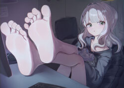 Rule 34 | 1girl, barefoot, black hoodie, blue archive, chair, feet, foot focus, green eyes, grey hair, hair ornament, halo, hare (blue archive), highres, hood, hoodie, keyboard (computer), long hair, long sleeves, looking at viewer, parted lips, rryiup, signature, sitting, soles, solo, toes, x hair ornament