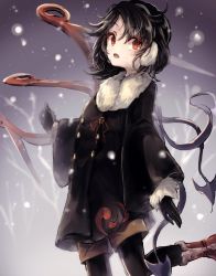 Rule 34 | 1girl, adapted costume, alternate costume, asymmetrical wings, bad id, bad twitter id, black gloves, black hair, black pantyhose, boots, coat, earmuffs, gloves, gradient background, hisona (suaritesumi), houjuu nue, pantyhose under shorts, long sleeves, looking at viewer, open mouth, pantyhose, pantyhose under shorts, red eyes, short hair, shorts, snowing, solo, touhou, wide sleeves, wings, winter clothes