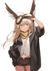 Rule 34 | 1girl, aged down, ahoge, bad id, bad twitter id, blonde hair, blouse, blue eyes, brown pants, brown shorts, check commentary, commentary request, eyebrows, goggles, hair between eyes, hand in pocket, hanna-justina marseille, head wings, highres, jacket, kirii, leather, leather jacket, long hair, long sleeves, looking at viewer, midriff, oversized clothes, pants, scarf, shirt, shorts, simple background, solo, strike witches, striped clothes, striped shirt, vertical-striped clothes, vertical-striped shirt, white background, white shirt, wide sleeves, wings, world witches series