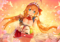 Rule 34 | 1girl, ahoge, animal, apple caramel, armor, ascot, asymmetrical sleeves, bad id, bad pixiv id, bird, black sleeves, blurry, blurry foreground, blush, braid, breasts, brown hair, cleavage, closed mouth, commentary request, depth of field, detached sleeves, flower, food, food art, gloves, green eyes, hair between eyes, hair ribbon, hand up, highres, holding, large breasts, leaning forward, long hair, long sleeves, onigiri, pauldrons, pecorine (princess connect!), petals, pink flower, pleated skirt, princess connect!, puffy short sleeves, puffy sleeves, red ascot, red ribbon, red skirt, ribbon, short sleeves, shoulder armor, side braid, sidelocks, single braid, single pauldron, skirt, smile, solo, tako-san wiener, tiara, uneven sleeves, very long hair, white gloves