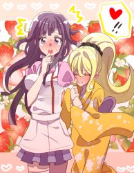 Rule 34 | 2girls, alternate hairstyle, apron, black scrunchie, bow, breasts, closed mouth, danganronpa (series), danganronpa 2: goodbye despair, embarrassed, closed eyes, food, fruit, grabbing another&#039;s arm, hand to own mouth, heart, height difference, holding another&#039;s arm, japanese clothes, kimono, large breasts, long hair, matching hair/eyes, multiple girls, nurse, open mouth, orange kimono, ponytail, puffy cheeks, purple bow, purple eyes, purple hair, saionji hiyoko, scrunchie, simple background, strawberry, strawberry background, surprised, tearing up, tears, teeth, tsumiki mikan, uneven bangs, upper teeth only, yuri