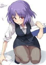 Rule 34 | 1girl, alternate costume, ario, belted, belted dress, black hair, blush, clasped dress, curvy, dress, female focus, foreshortening, looking at viewer, nagae iku, office lady, panties, panties under pantyhose, pantyhose, pantyshot, pencil skirt, purple hair, red eyes, short hair, simple background, sketch, skirt, sleeves rolled up, solo, text focus, thighs, tight clothes, tight dress, touhou, translated, underwear, upskirt, white background