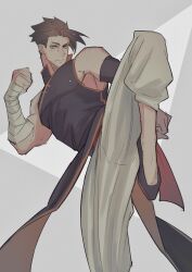 Rule 34 | 1boy, achilles (fate), armband, bandaged arm, bandages, black armband, black footwear, brown hair, chinese clothes, clenched hand, closed mouth, fate/grand order, fate (series), fighting stance, foot out of frame, grey background, haruakira, highres, kicking, looking to the side, male focus, muscular, muscular male, muted color, pants, solo, white pants, yellow eyes