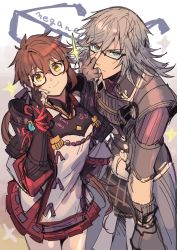 Rule 34 | 1boy, 1girl, aono shimo, armor, bad id, bad twitter id, blue eyes, blush, glasses, gloves, highres, jin (xenoblade), long hair, looking at viewer, lora (xenoblade), nintendo, parted lips, pauldrons, red hair, short hair, shoulder armor, simple background, skirt, smile, sparkle, white hair, xenoblade chronicles (series), xenoblade chronicles 2, xenoblade chronicles 2: torna - the golden country, yellow eyes