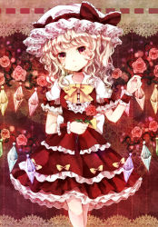 Rule 34 | 1girl, bad id, bad pixiv id, blonde hair, bow, dress, flandre scarlet, flower, frilled dress, frills, hat, hat bow, head tilt, jaku sono, looking at viewer, mob cap, pink eyes, pink flower, pink rose, puffy sleeves, red dress, rose, shirt, short sleeves, solo, touhou, wings, wrist cuffs