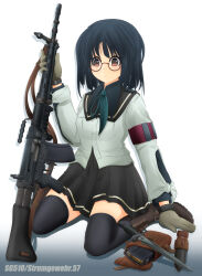 Rule 34 | 1girl, :&lt;, ammunition, ammunition pouch, arm support, armband, barrel shroud, battle rifle, bayonet, black eyes, black shirt, black skirt, black thighhighs, blue hair, boots, brown-framed eyewear, brown eyes, brown footwear, choppy bangs, closed mouth, collared shirt, combat boots, commentary request, cross-laced footwear, dark blue hair, expressionless, flip-up sight, full body, glasses, gloves, gradient background, gradient eyes, grey background, grey gloves, gun, gun sling, handle, highres, holding, holding gun, holding weapon, jacket, lace-up boots, layered sleeves, long sleeves, looking ahead, magazine (weapon), medium hair, mikeran (mikelan), multicolored eyes, original, pleated skirt, pouch, red armband, rifle, rifle cartridge, round eyewear, semi-rimless eyewear, sheath, shirt, shoulder boards, sig sg510, single stripe, sitting, skirt, solo, striped, tareme, thighhighs, under-rim eyewear, wariza, watch, weapon, weapon name, white jacket, white stripes, wristwatch