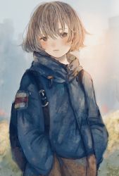 Rule 34 | 1girl, backpack, bag, blurry, blurry background, blush, bob cut, brown eyes, brown hair, expressionless, hands in pockets, highres, jacket, looking at viewer, orie h, original, outdoors, short hair, solo, upper body