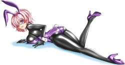 Rule 34 | absurdres, animal ears, bodysuit, bodysuit under clothes, bow, bowtie, detached collar, fake animal ears, fake tail, fate/grand order, fate (series), glasses, hair over one eye, highres, latex, leotard, mash kyrielight, piko hiroshi, playboy bunny, purple eyes, purple hair, rabbit ears, shiny clothes, short hair, skin tight, strapless, strapless leotard, tail, wrist cuffs