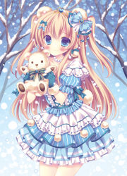 1girl animal_ears bear_ears blonde_hair blue_eyes blush dress female_focus gloves hair_ribbon highres jewelry kouta. long_hair necklace original pearl_necklace puffy_sleeves ribbon short_sleeves smile snowing solo stuffed_animal stuffed_toy teddy_bear tiara twintails