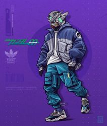 Rule 34 | adidas, artist name, blue jacket, blue pants, clothed robot, commentary, copyright name, english commentary, green eyes, grey jacket, gundam, gundam 00, gundam exia, highres, instagram username, jacket, kensuke creations, logo, mecha, mobile suit, multicolored clothes, multicolored jacket, no humans, open hand, pants, purple background, robot, shirt, shoes, sneakers, solo, streetwear, sweatpants, two-tone jacket, v-fin, walking, white shirt, yeezy (brand)