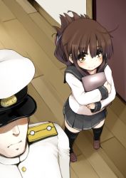 Rule 34 | 10s, 1boy, 1girl, admiral (kancolle), ahoge, brown eyes, brown hair, hair ornament, hairclip, inazuma (kancolle), kantai collection, loafers, looking at viewer, looking up, military, military uniform, momo (higanbana and girl), naval uniform, pleated skirt, school uniform, serafuku, shoes, skirt, smile, thighhighs, uniform, zettai ryouiki