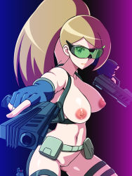Rule 34 | 10s, 1girl, alternate hairstyle, belt, blonde hair, blue eyes, breasts, censored, cowboy shot, dual wielding, fingerless gloves, gaist crusher, gloves, gun, handgun, highres, holding, holding gun, holding weapon, hotaru ruminera, large breasts, long hair, looking at viewer, nipples, nude, ponytail, pouch, solo, sunglasses, thigh strap, trigger discipline, utility belt, weapon, yuki (12cut)