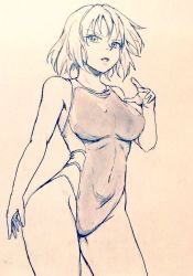Rule 34 | 1girl, alternate costume, bare legs, breasts, commentary request, competition swimsuit, covered navel, cowboy shot, d-m (dii emu), eyelashes, greyscale, kazami yuuka, looking at viewer, monochrome, one-piece swimsuit, open mouth, short hair, sketch, swimsuit, touhou, traditional media
