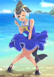 Rule 34 | 10s, 1girl, bare shoulders, black hair, blonde hair, blue eyes, blush, bow, bowtie, cetacean tail, cloud, common dolphin (kemono friends), day, dress, fins, fish tail, gakukuru, highres, kemono friends, multicolored hair, one eye closed, open mouth, sky, solo, tail, teeth, water, white hair