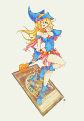 Rule 34 | 1girl, absurdres, artist name, blonde hair, blue footwear, blue hat, blush stickers, boots, breasts, capelet, card, cleavage, commentary, dark magician girl, delux drawings, dress, duel, duel monster, full body, gem, green eyes, grey background, hair between eyes, hat, highres, holding, holding staff, knee boots, leg up, long hair, looking at viewer, medium breasts, one eye closed, open mouth, orange gemstone, pelvic curtain, pink capelet, pink skirt, red gemstone, short dress, showgirl skirt, signature, simple background, skirt, smile, solo, sparkle, staff, v, vambraces, wand, white background, wizard hat, yu-gi-oh!, yu-gi-oh! duel monsters