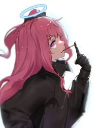 Rule 34 | 1girl, ambriel (arknights), arknights, black gloves, black jacket, blurry, commentary, depth of field, eyelashes, food, food in mouth, from side, gloves, halo, highres, jacket, lips, long hair, looking at viewer, mare funo, mouth hold, pink eyes, pink hair, pocky, profile, simple background, smile, solo, upper body, white background