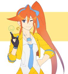 Rule 34 | 1girl, ace attorney, athena cykes, bad id, bad pixiv id, blue bow, blue eyes, blue necktie, bow, brown hair, crescent, crescent earrings, earrings, gloves, gojya, hair bow, hairband, hand on own hip, index finger raised, jewelry, long hair, necklace, necktie, one eye closed, partially fingerless gloves, phoenix wright: ace attorney - dual destinies, side ponytail, simple background, single earring, single glove, smile, solo
