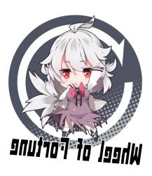 Rule 34 | 1girl, :&lt;, ahoge, arm up, black footwear, boots, bow, breasts, chibi, closed mouth, commentary request, cross-laced footwear, dress, english text, feathered wings, grey wings, hair between eyes, index finger raised, jacket, kishin sagume, lace-up boots, large breasts, long hair, long sleeves, looking at viewer, milkpanda, mirrored text, open clothes, open jacket, purple dress, red bow, red eyes, round image, silver hair, single wing, sleeves past wrists, solo, standing, touhou, white background, white jacket, wings