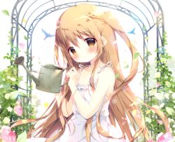 Rule 34 | 1girl, animal, bare arms, bare shoulders, bird, blush, braid, brown eyes, brown hair, closed mouth, collarbone, commentary request, dress, flower, hair between eyes, hands up, head tilt, holding, holding watering can, long hair, looking at viewer, one side up, original, pink flower, shiratama (shiratamaco), sleeveless, sleeveless dress, solo, sundress, very long hair, watering can, white background, white dress, white flower