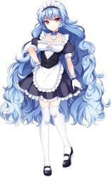 Rule 34 | 1girl, agekichi (heart shape), apron, artwhirl mahou gakuen no otome-tachi, black footwear, black skirt, black sleeves, blue bow, blue hair, bow, breasts, cleavage, closed mouth, collarbone, curly hair, frilled skirt, frills, full body, gloves, hand on own hip, long hair, looking at viewer, maid, maid headdress, medium breasts, miniskirt, red eyes, short sleeves, silvia (artwhirl), skirt, smile, solo, standing, tachi-e, thighhighs, transparent background, very long hair, waist apron, white apron, white gloves, white thighhighs