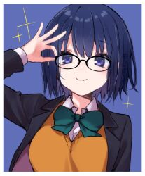 1girl adjusting_eyewear black-framed_eyewear black_jacket blue_background blue_eyes blue_hair border ciel_(tsukihime) collared_shirt commentary_request glasses highres jacket long_sleeves looking_at_viewer open_clothes open_jacket school_uniform shirt short_hair simple_background smile solo tanka_kikurage tsukihime tsukihime_(remake) twitter_username uniform vest white_border white_shirt yellow_vest