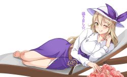 Rule 34 | 1girl, ;q, amagi (amagi626), barefoot, belt, blush, breasts, food, full body, hair between eyes, hat, highres, large breasts, long hair, long sleeves, looking at viewer, one eye closed, purple skirt, shirt, simple background, skirt, smile, solo, table, toes, tongue, tongue out, touhou, watatsuki no toyohime, white background, white shirt, yellow eyes