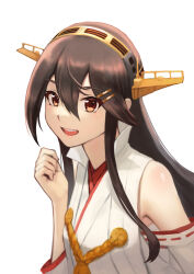 Rule 34 | 1girl, black hair, brown eyes, detached sleeves, hair ornament, hairband, hairclip, haruna (kancolle), haruna kai ni (kancolle), headgear, highres, japanese clothes, kantai collection, long hair, open mouth, popped collar, porupurucha, simple background, smile, solo, teeth, upper body, upper teeth only, white background