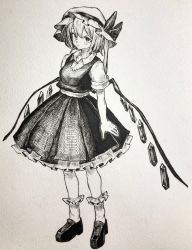 Rule 34 | 1girl, absurdres, blush, bow, closed mouth, flandre scarlet, full body, greyscale, hat, hat bow, highres, loafers, long hair, looking at viewer, mashimashi, mob cap, monochrome, shoes, short sleeves, side ponytail, skirt, skirt set, socks, solo, standing, touhou, traditional media