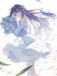 Rule 34 | 1girl, absurdres, bare legs, bare shoulders, black hair, blush, bouquet, braid, character request, closed mouth, copyright request, dress, floating hair, flower, hair ribbon, highres, holding, holding bouquet, lily (flower), long hair, looking at viewer, off-shoulder dress, off shoulder, purple eyes, ribbon, sidelocks, smile, solo, sylvia (huajiuhuajiu), very long hair, white background, white dress, white ribbon