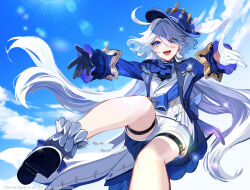 Rule 34 | 1girl, ascot, bare legs, black gloves, blue eyes, blue hair, blue hat, blue jacket, blue sky, furina (genshin impact), genshin impact, gloves, hair between eyes, hat, heterochromia, high heels, highres, hiki yuichi, jacket, light blue hair, long hair, long sleeves, looking at viewer, mismatched pupils, multicolored hair, open mouth, shorts, sky, smile, solo, streaked hair, tongue, top hat, upper body, white gloves, white hair, white shorts