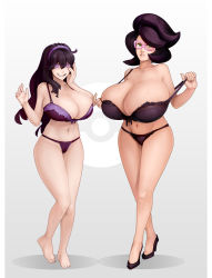 Rule 34 | 2girls, alternate breast size, barefoot, bra, breasts, cleavage, collarbone, crazy smile, creatures (company), full body, game freak, gigantic breasts, glasses, glowing, glowing eyes, green eyes, hand on own face, hex maniac (pokemon), highres, huge breasts, lace, lace-trimmed bra, lace-trimmed panties, lace trim, looking at viewer, materclaws, multiple girls, navel, nintendo, npc trainer, off shoulder, panties, parted lips, pokemon, pokemon sm, pokemon xy, purple bra, purple eyes, purple hair, purple panties, simple background, smile, stomach, strap pull, thong, underwear, wicke (pokemon)