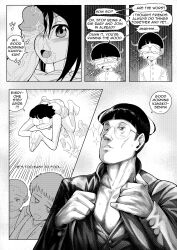 1girl 3boys :d absurdres bowl_cut boxers comic commentary diving drooling english_commentary english_text greyscale highres jitome looking_at_another looking_at_viewer lupin_dive male_underwear manly messy_hair monochrome multiple_boys oora_kanako open_mouth penis_on_face saliva saliva_trail sayonara_zetsubou_sensei screentones smile sound_effects speech_bubble tearing_up underwear undressing vinegarjar