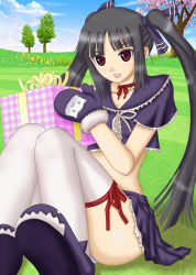 Rule 34 | 1girl, artist request, black hair, gift, gloves, highres, kooh, long hair, pangya, panties, red eyes, ribbon, skirt, socks, solo, striped clothes, striped panties, thighhighs, thighs, twintails, underwear