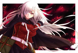 Rule 34 | &gt;:(, 1girl, bandage over one eye, belt, black skirt, breasts, cape, cowboy shot, fate/grand order, fate (series), florence nightingale (fate), florence nightingale (third ascension) (fate), frown, gloves, large breasts, long hair, long sleeves, looking at viewer, military, military uniform, red eyes, silver hair, skirt, solo, tsurime, uniform, v-shaped eyebrows, white gloves, yude