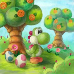 Rule 34 | black eyes, blue sky, bush, commentary, cortoony, day, english commentary, flower, food, fruit, fruit tree, grass, hill, mario (series), nintendo, no humans, open mouth, orange footwear, outdoors, pink flower, sewing pin, shoes, sky, smile, solo, standing, tree, yoshi, yoshi&#039;s woolly world