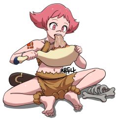 Rule 34 | 1girl, anklet, barefoot, blood, bone, brown shirt, brown shorts, cavewoman, creatures (company), eating, eyelashes, food, full body, game freak, gigobyte350, highres, holding, holding food, jewelry, maylene (pokemon), meat, navel, nintendo, pink eyes, pink hair, pokemon, pokemon dppt, shirt, short hair, shorts, sitting, solo, teeth, toes, upper teeth only, white background