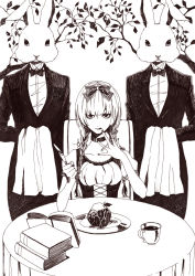 Rule 34 | 1girl, agatsumaattsu, apple, book, choker, food, fork, fruit, greyscale, highres, knife, looking at viewer, monochrome, original, serious, solo, table, twintails
