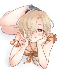 Rule 34 | 1girl, :q, bare legs, black shorts, blonde hair, blush, bright pupils, dolphin shorts, downblouse, hair over one eye, hand on own cheek, hand on own face, head rest, idolmaster, idolmaster cinderella girls, katakata115489, looking at viewer, lying, on side, one eye covered, red eyes, shirasaka koume, shirt, shorts, side slit, simple background, sleeveless, sleeveless shirt, solo, strap slip, tongue, tongue out, v
