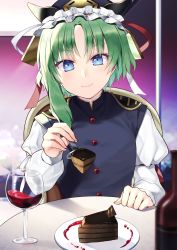 Rule 34 | 1girl, blue eyes, blue vest, cup, green hair, hat, highres, holding, incoming food, kaede (mmkeyy), long sleeves, looking at viewer, pov, puffy sleeves, red ribbon, ribbon, shiki eiki, shirt, short hair, smile, solo, table, touhou, upper body, vest, white ribbon, white shirt