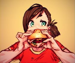 Rule 34 | 1girl, aqua eyes, brown hair, covered mouth, dripping, eating, food, burger, highres, holding, holding food, irarugii, original, red shirt, shirt, short sleeves, sketch, solo, upper body, yellow background