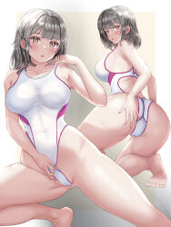 Rule 34 | 1girl, ass, barefoot, black hair, breasts, brown eyes, clothing aside, competition swimsuit, covered navel, highleg, highleg swimsuit, large breasts, looking at viewer, looking back, mashinatsu, multiple views, one-piece swimsuit, original, short hair, swimsuit, swimsuit aside, two-tone swimsuit, white one-piece swimsuit