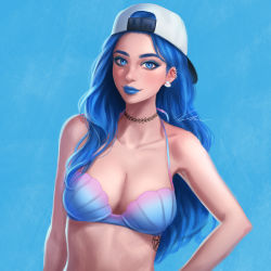 Rule 34 | 1girl, backwards hat, bad id, bad pixiv id, baseball cap, bikini, blue background, blue eyes, blue eyeshadow, blue hair, blue lips, blue theme, breasts, choker, cleavage, eyeshadow, freckles, hat, lips, lipstick, long hair, looking at viewer, makeup, nose, original, simple background, solo, swimsuit, tattoo, umigirl (umigraphics), umigraphics, upper body