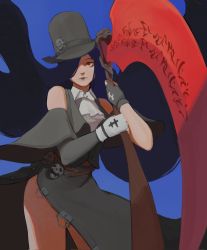 Rule 34 | 1other, androgynous, ascot, bare shoulders, black hair, choker, fingerless gloves, gloves, guilty gear, guilty gear strive, hat, highres, holding, knifesart, long hair, looking at viewer, red eyes, scythe, simple background, skull, solo, testament (guilty gear), top hat, weapon