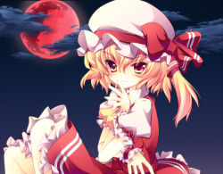 Rule 34 | 1girl, bad id, bad pixiv id, blonde hair, bow, cloud, colorized, cresc-dol, embodiment of scarlet devil, female focus, flandre scarlet, from side, gotou nao, hair between eyes, hat, mob cap, moon, night, red eyes, red moon, side ponytail, solo, touhou