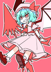 Rule 34 | 1girl, absurdres, bat wings, blue hair, bow, chibi, dress, embodiment of scarlet devil, eyebrows, flying, frilled dress, frilled socks, frills, grin, hat, hat bow, highres, mob cap, oninamako, pink background, pink dress, puffy short sleeves, puffy sleeves, red eyes, remilia scarlet, shoes, short hair, short sleeves, sketch, smile, socks, solo, spear the gungnir, touhou, wings