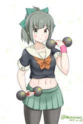 Rule 34 | 1girl, abs, aqua skirt, black pantyhose, black shirt, bow, commentary request, cowboy shot, crop top, dated, dumbbell, green skirt, grey hair, hair bow, kantai collection, masara (chuujou), midriff, neckerchief, one-hour drawing challenge, pantyhose, pleated skirt, ponytail, sailor collar, school uniform, serafuku, shirt, simple background, skirt, solo, standing, twitter username, weights, white background, white sailor collar, yuubari (kancolle)