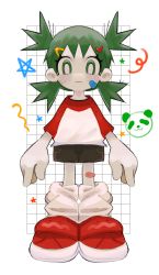 Rule 34 | 1girl, absurdres, bandaid, bandaid on face, bright pupils, child, closed mouth, full body, green eyes, green hair, grizzace, hair ornament, hairclip, heart, heart hair ornament, highres, koiwai yotsuba, large hands, looking at viewer, quad tails, shirt, shorts, solo, sweatdrop, white pupils, yotsubato!