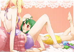 Rule 34 | 00s, 2girls, anklet, backless outfit, bad id, bad pixiv id, bare back, barefoot, bed, blonde hair, blush, eye contact, feet, green hair, jewelry, kurage, long hair, looking at another, lying, macross, macross frontier, multiple girls, on stomach, pillow, ranka lee, red eyes, sheryl nome, shoulder blades, yuri