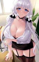Rule 34 | 1girl, alternate costume, arm under breasts, azur lane, black bra, black choker, black garter straps, black skirt, black thighhighs, blue eyes, blush, bra, breasts, choker, cleavage, closed mouth, collarbone, from above, garter straps, highres, illustrious (azur lane), large breasts, long hair, looking at viewer, looking up, mole, mole under eye, nail polish, red nails, shirt, skirt, smile, solo, thighhighs, thighs, underwear, wee (weeyy), white hair, white shirt